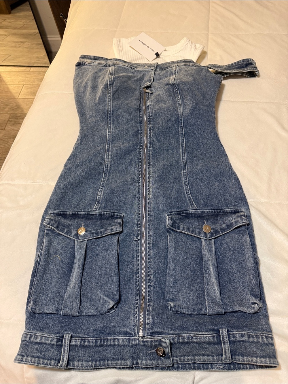 Maniere De Voir Blue Denim Midi Dress with Front Zip